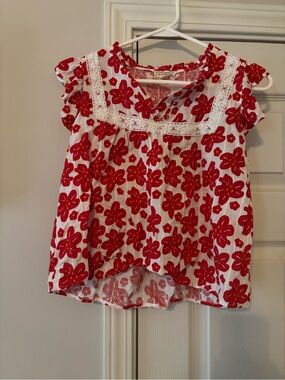 Hayden White Top with Red Floral Print and Lace Trim